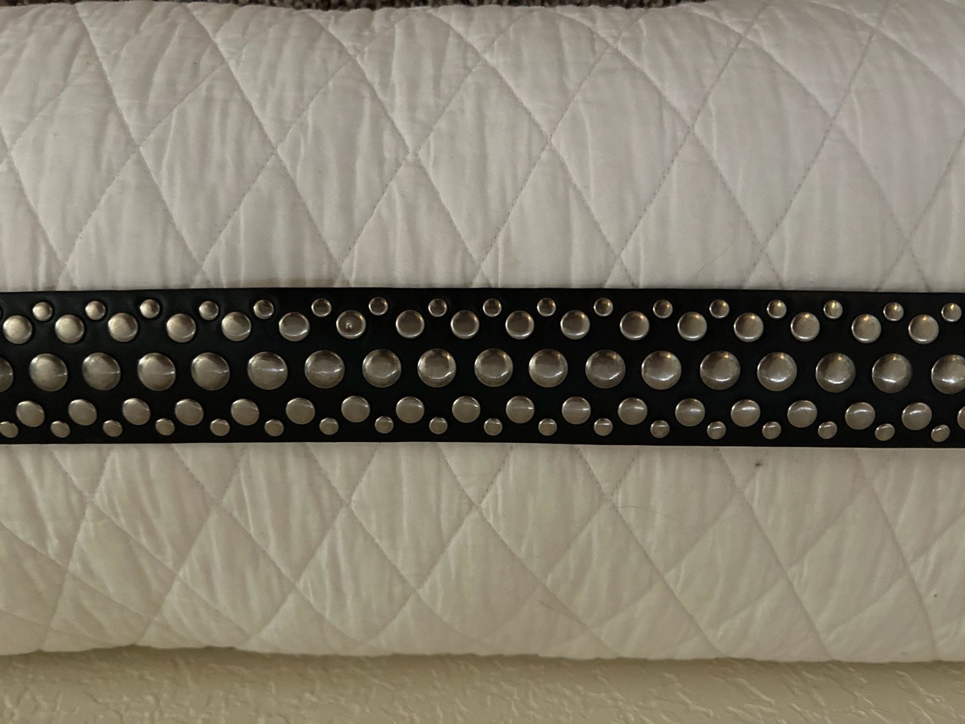 Black Leather Studded Belt with Round Silver Buckle 2