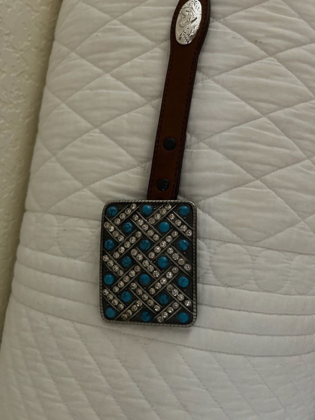 Western Brown Leather Belt with Engraved Silver Conchos and Turquoise Rhinestone Buckle 4