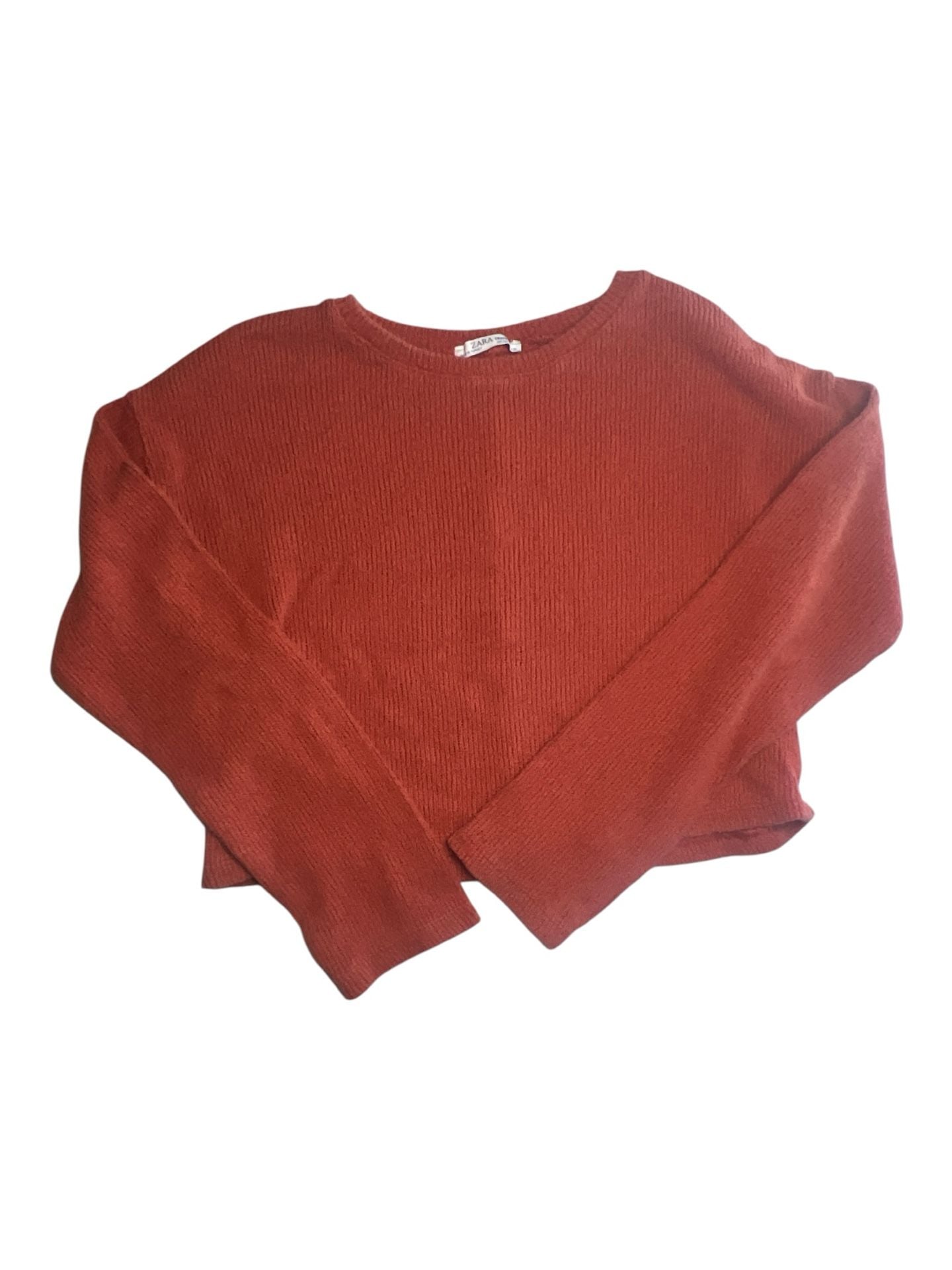 ZARA Trafaluc Rust Orange Ribbed Knit Cropped Crewneck Sweater 1
