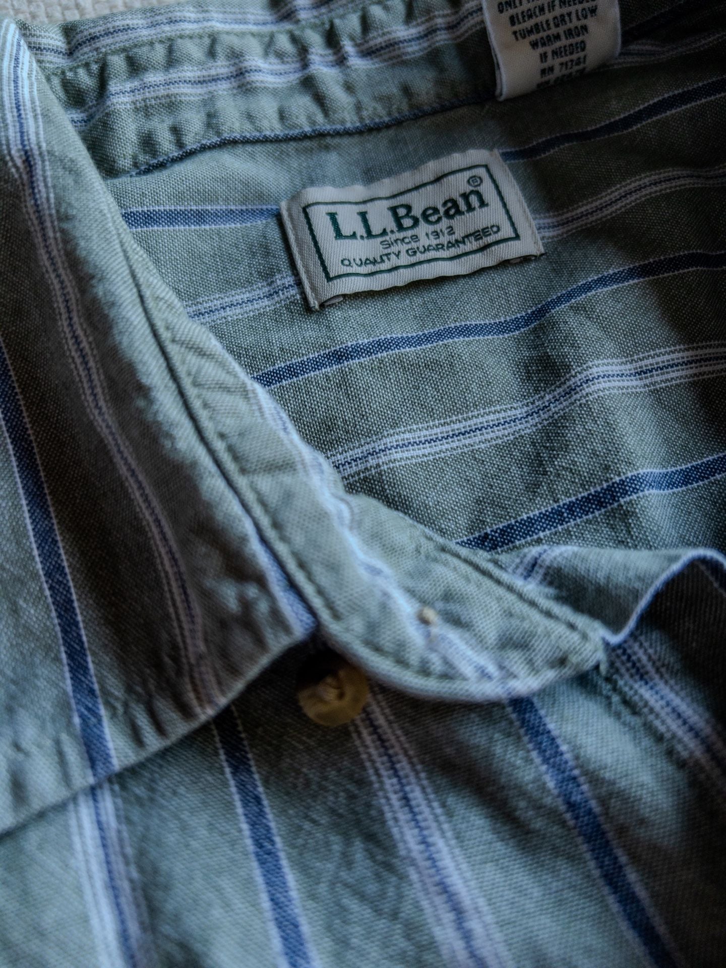 L.L. Bean Men's Seafoam Green and Blue Striped Short-Sleeve Button-Up Shirt Granola Gorpcore Cabin y2k 3