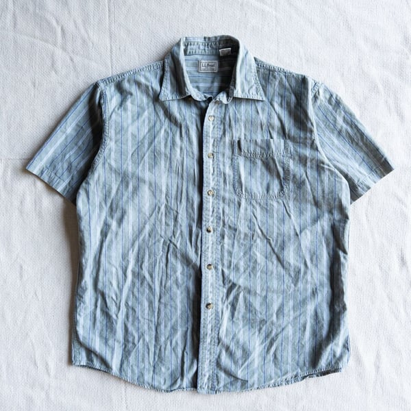 L.L. Bean Men's Seafoam Green and Blue Striped Short-Sleeve Button-Up Shirt Granola Gorpcore Cabin y2k