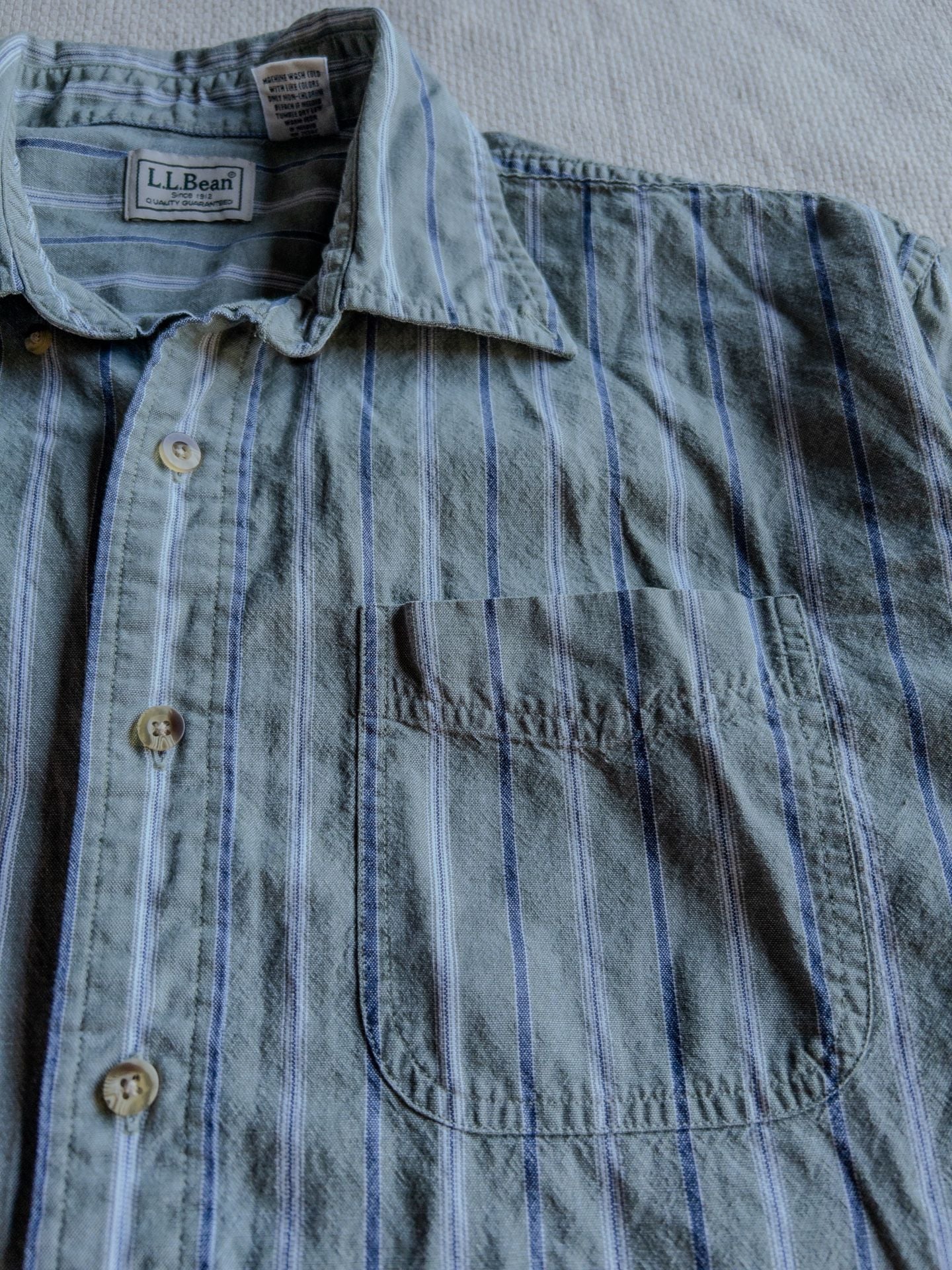 L.L. Bean Men's Seafoam Green and Blue Striped Short-Sleeve Button-Up Shirt Granola Gorpcore Cabin y2k 4