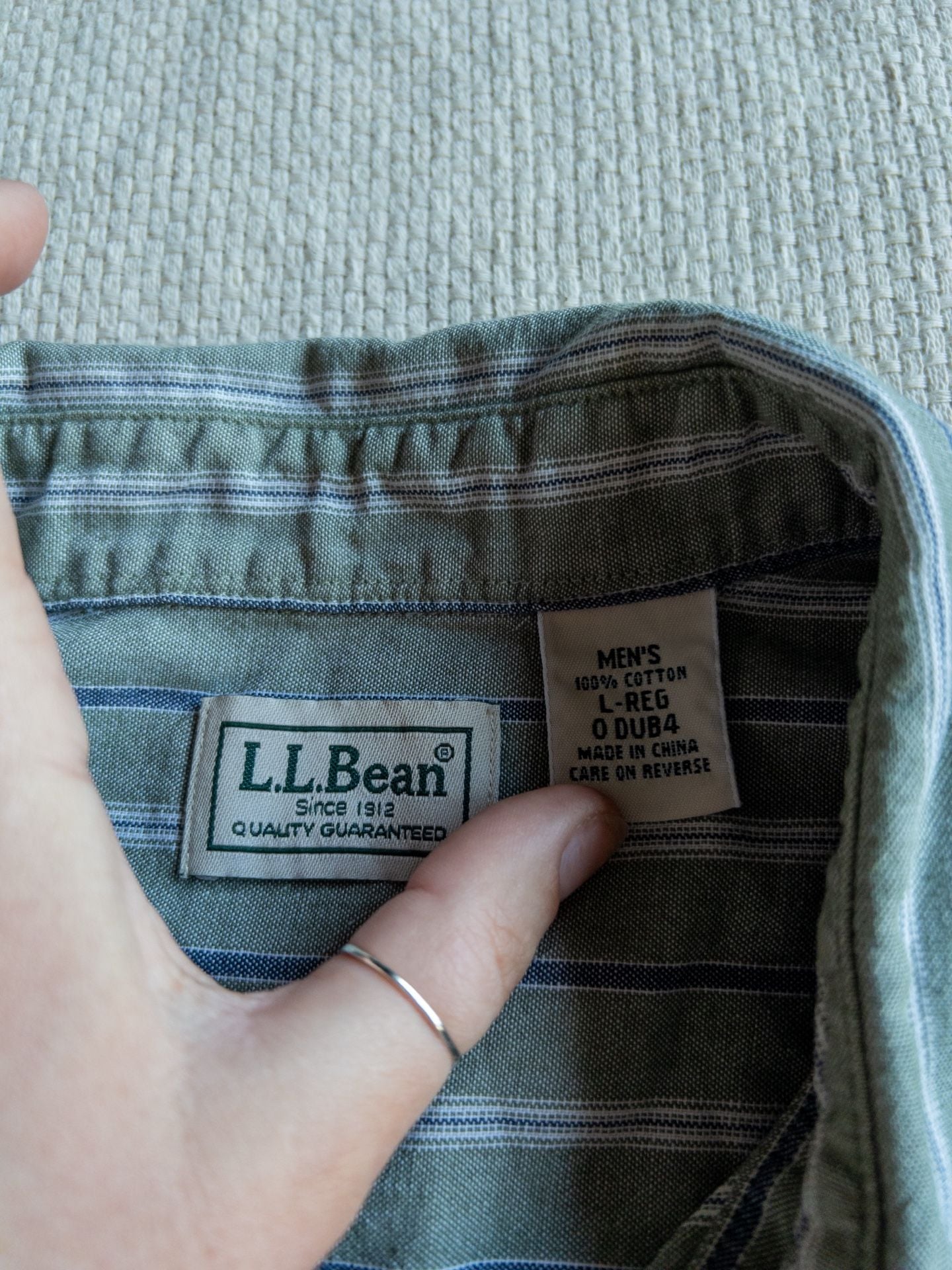 L.L. Bean Men's Seafoam Green and Blue Striped Short-Sleeve Button-Up Shirt Granola Gorpcore Cabin y2k 5