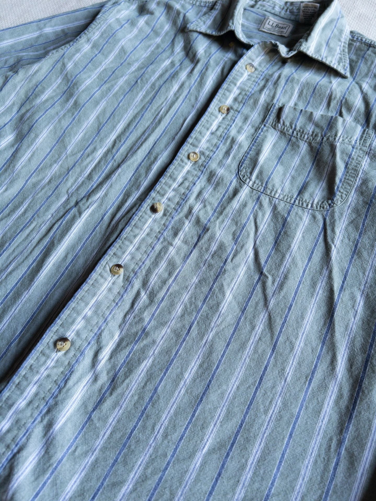 L.L. Bean Men's Seafoam Green and Blue Striped Short-Sleeve Button-Up Shirt Granola Gorpcore Cabin y2k 6