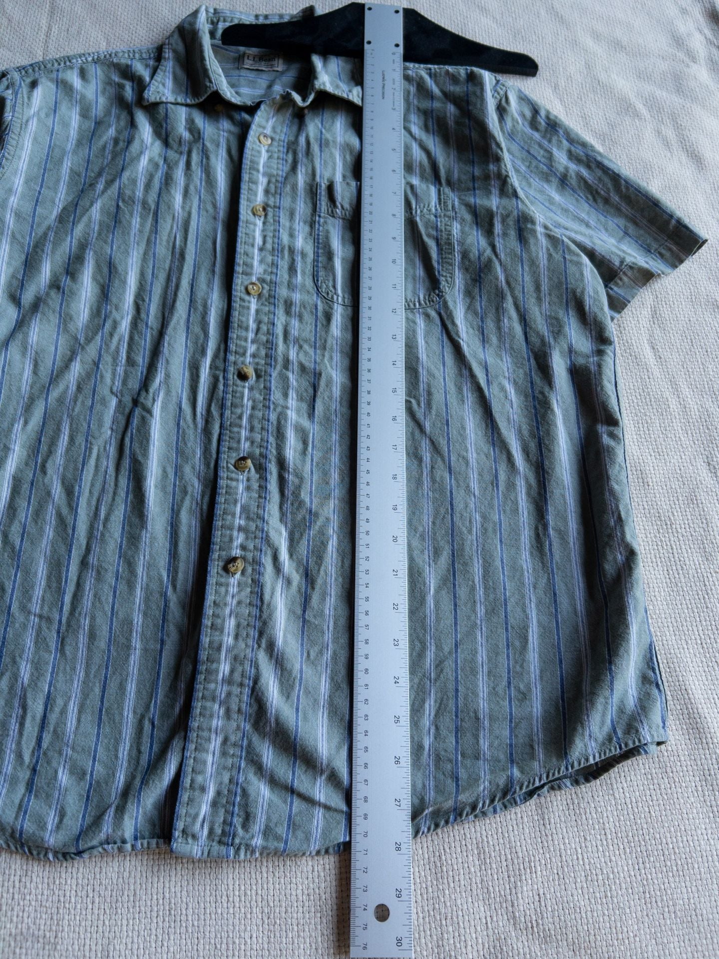 L.L. Bean Men's Seafoam Green and Blue Striped Short-Sleeve Button-Up Shirt Granola Gorpcore Cabin y2k 9