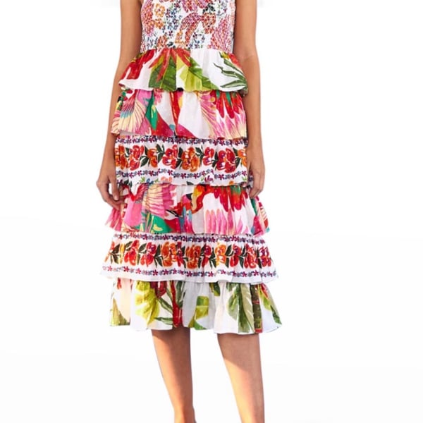 FARM Rio Mixed White Prints Tiered Smocked Midi Dress