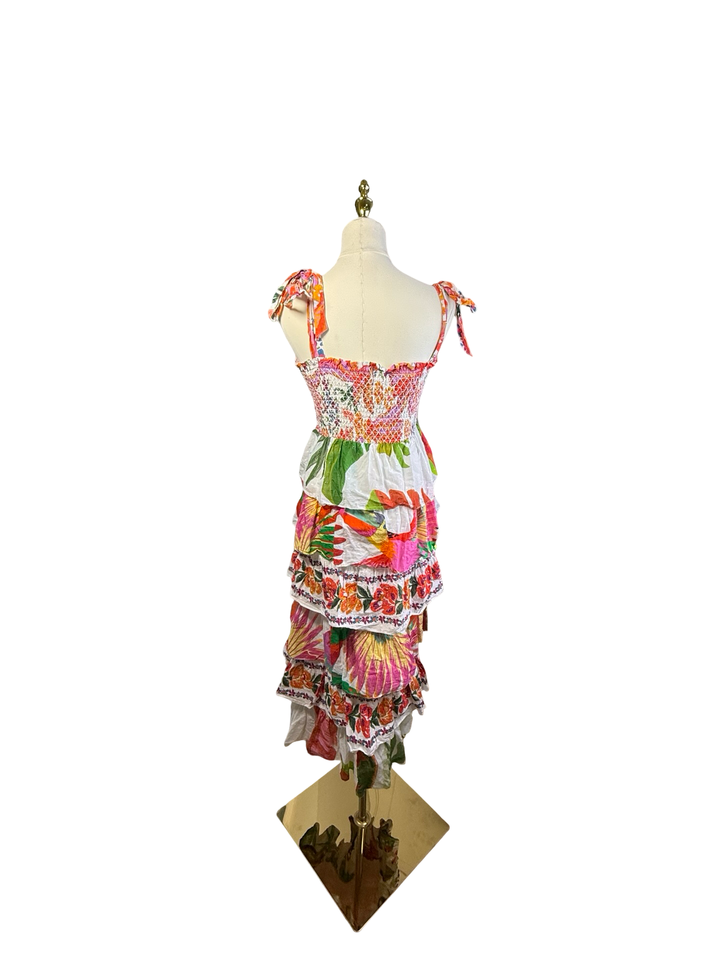 FARM Rio Mixed White Prints Tiered Smocked Midi Dress 7