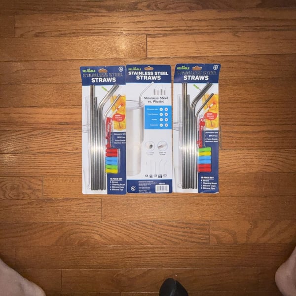 SET OF 3 Hitt Brands 4th Utensil Reusable Stainless Steel Straw 15-Piece Set with Silicone Tips and Caps