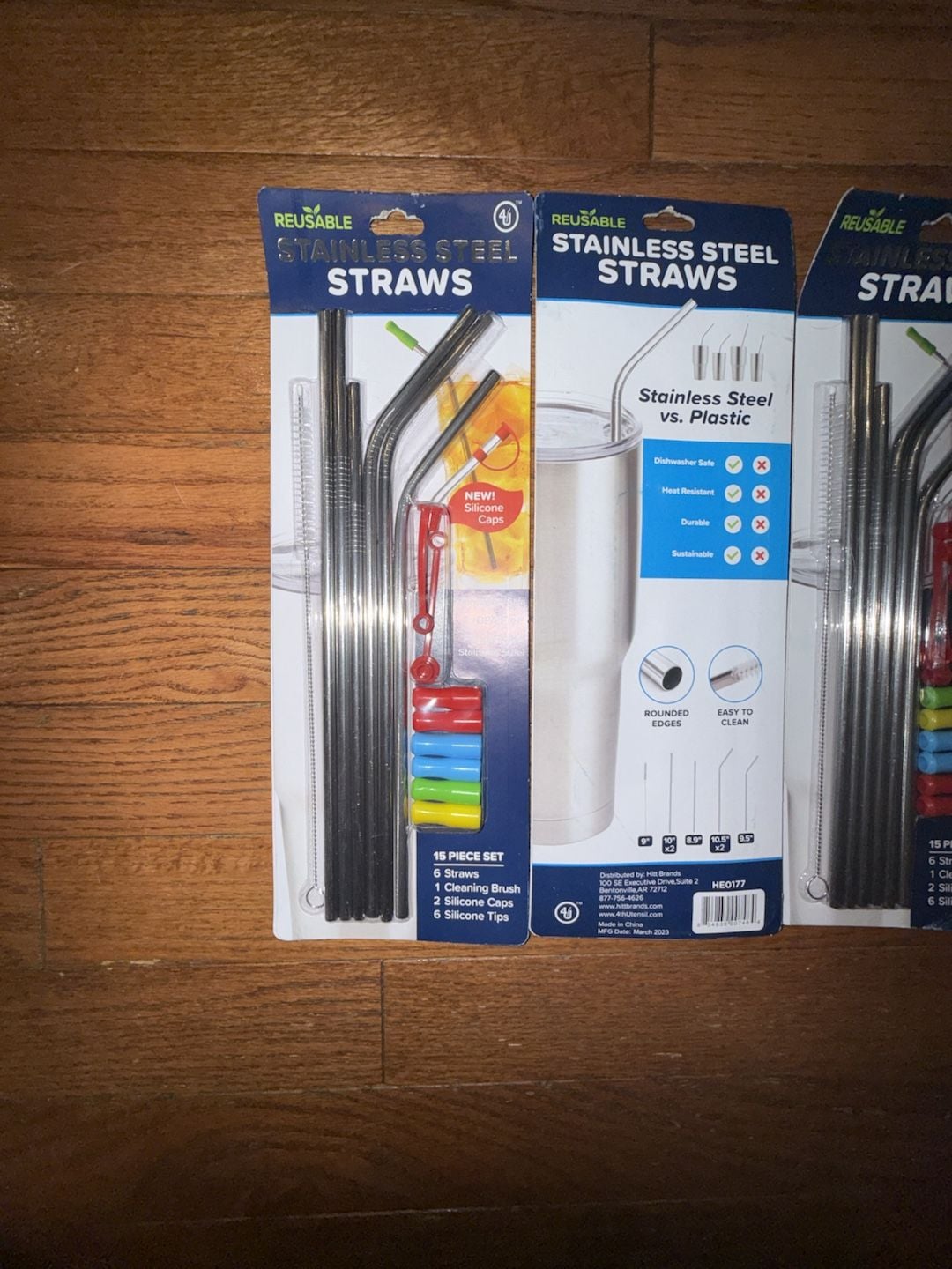 SET OF 3 Hitt Brands 4th Utensil Reusable Stainless Steel Straw 15-Piece Set with Silicone Tips and Caps 2