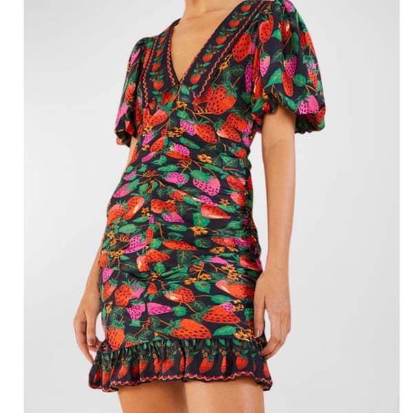 FARM Rio Lady Strawberry Ruched Puff-Sleeve Mini Dress