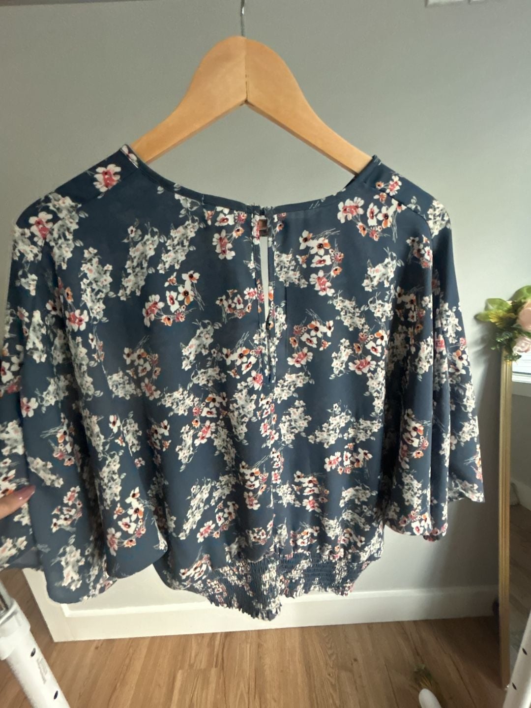 Sienna Sky Women's Blue Floral Smocked Hem Blouse with Flutter Sleeves 6