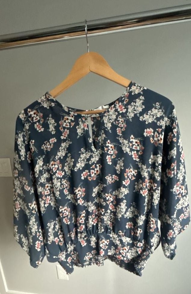 Sienna Sky Women's Blue Floral Smocked Hem Blouse with Flutter Sleeves 2
