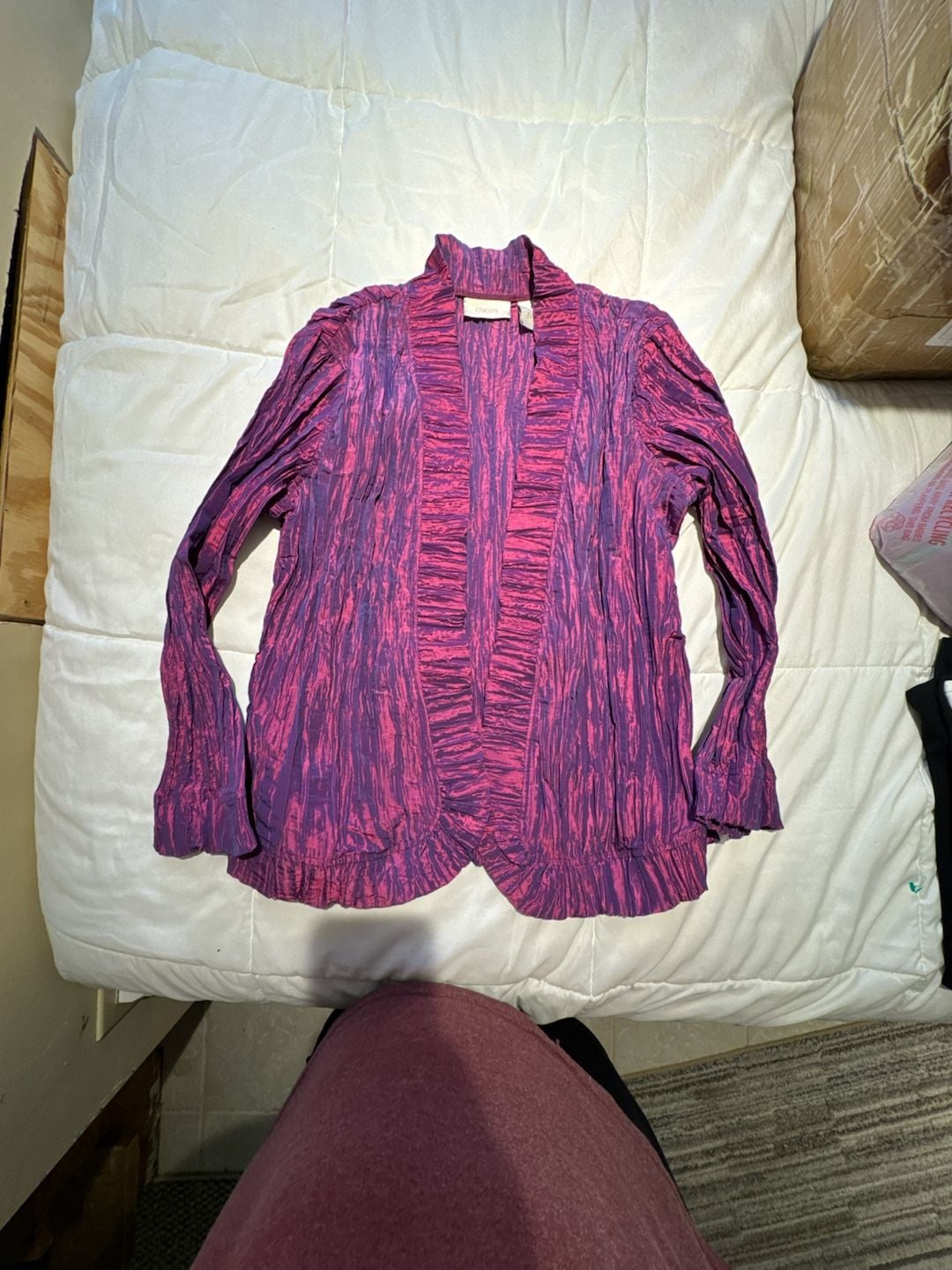 Chico's Purple Crinkle Texture Ruffle Open Front Jacket Size 2 1