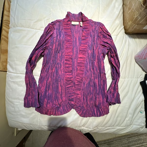 Chico's Purple Crinkle Texture Ruffle Open Front Jacket Size 2