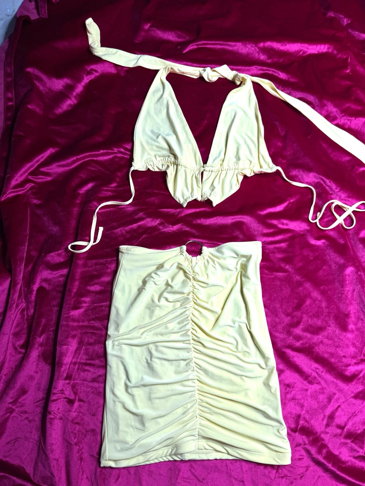 Women's Pastel Yellow Two-Piece Ruched Halter Top and O-Ring Skirt Set 1