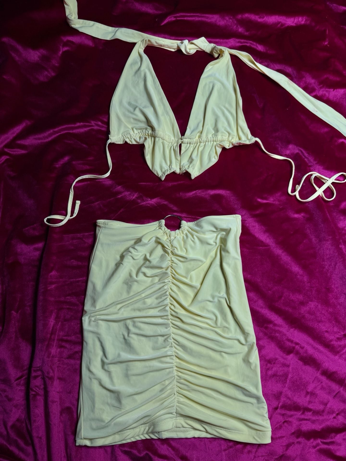 Women's Pastel Yellow Two-Piece Ruched Halter Top and O-Ring Skirt Set 3