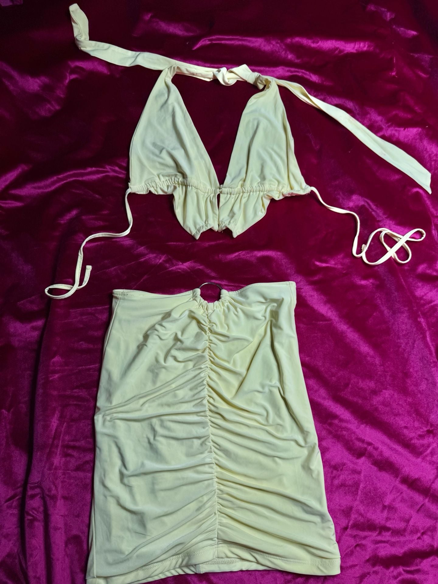 Women's Pastel Yellow Two-Piece Ruched Halter Top and O-Ring Skirt Set 4