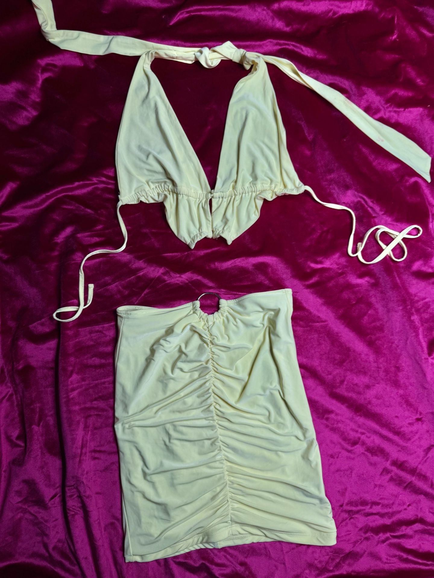 Women's Pastel Yellow Two-Piece Ruched Halter Top and O-Ring Skirt Set 5