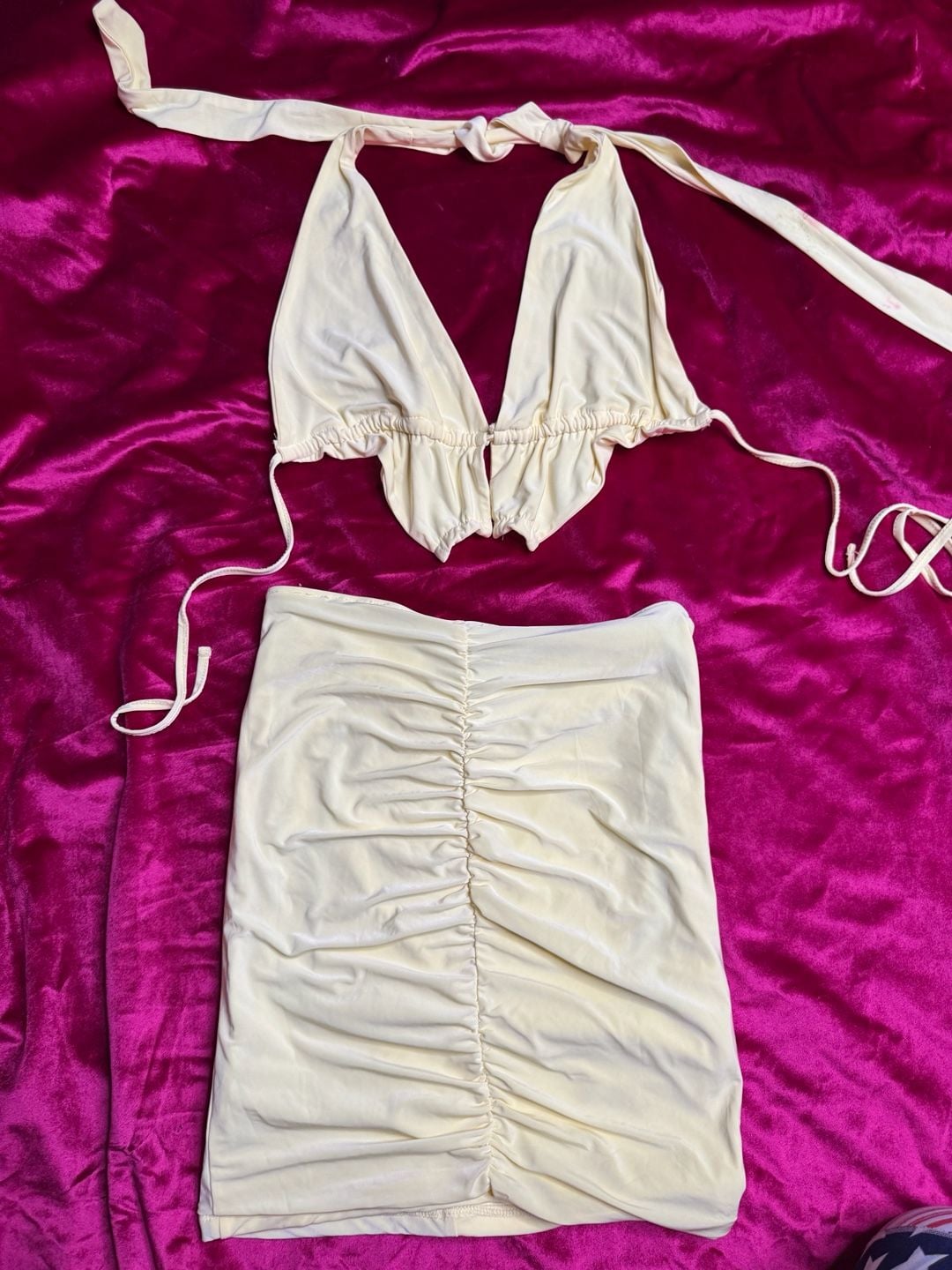 Women's Pastel Yellow Two-Piece Ruched Halter Top and O-Ring Skirt Set 9
