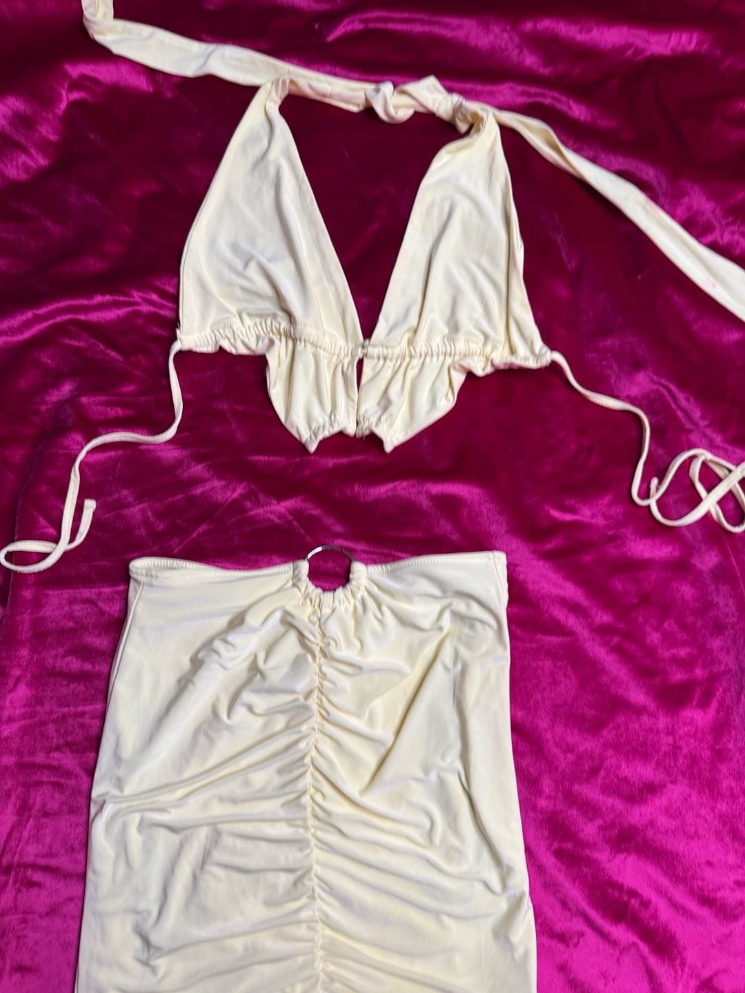 Women's Pastel Yellow Two-Piece Ruched Halter Top and O-Ring Skirt Set 10