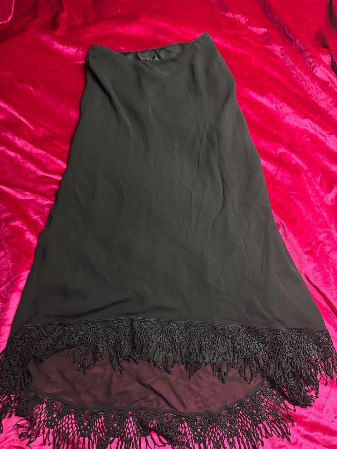 Vintage Black silk skirt with Lace Fringe Hem 7