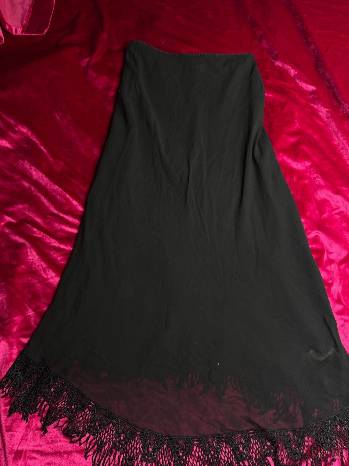 Vintage Black silk skirt with Lace Fringe Hem 12