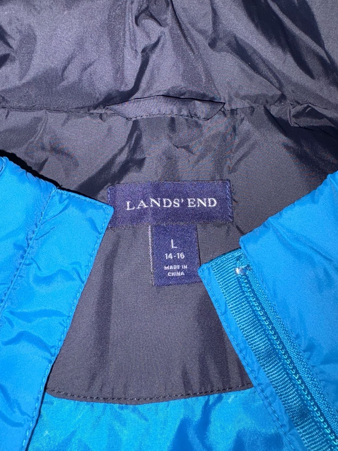 Lands’ End women’s blue quilted insulated puffer jacket in size Large 14–16 9