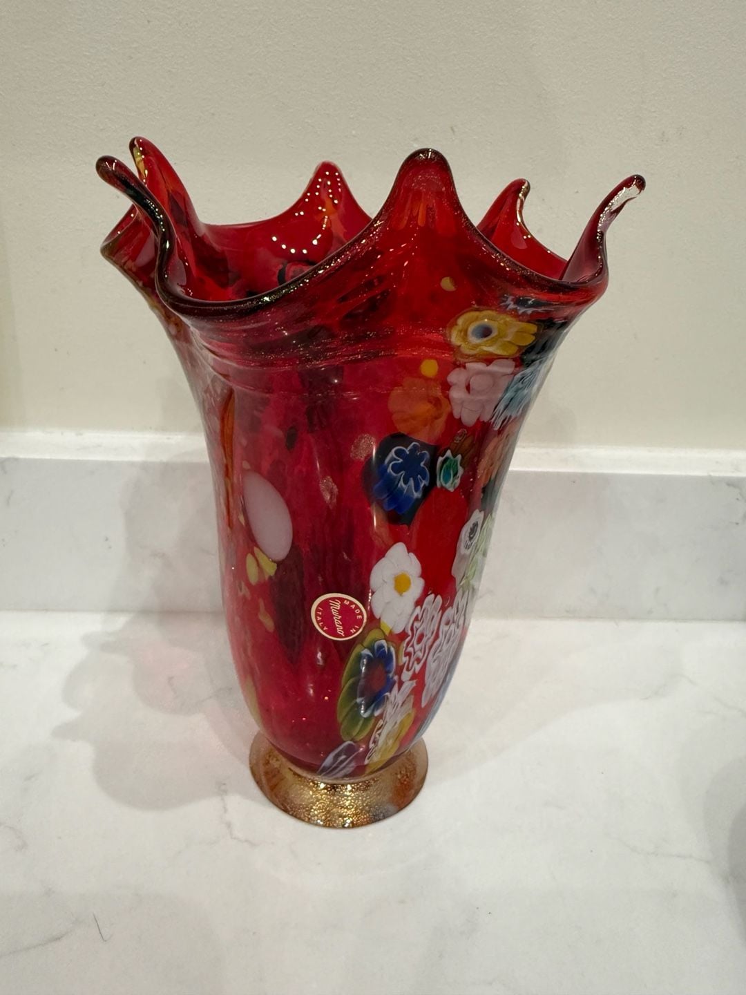 Vintage Murano Red Glass Millefiori Vase with Gold Gilt Base 1