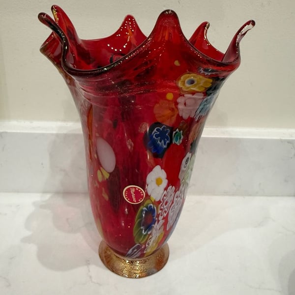 Vintage Murano Red Glass Millefiori Vase with Gold Gilt Base
