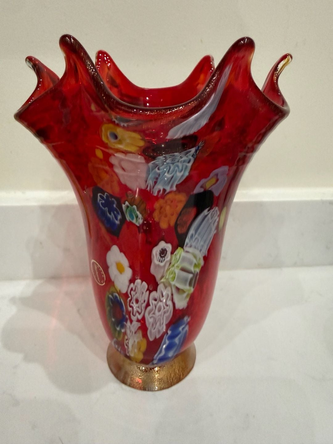 Vintage Murano Red Glass Millefiori Vase with Gold Gilt Base 2