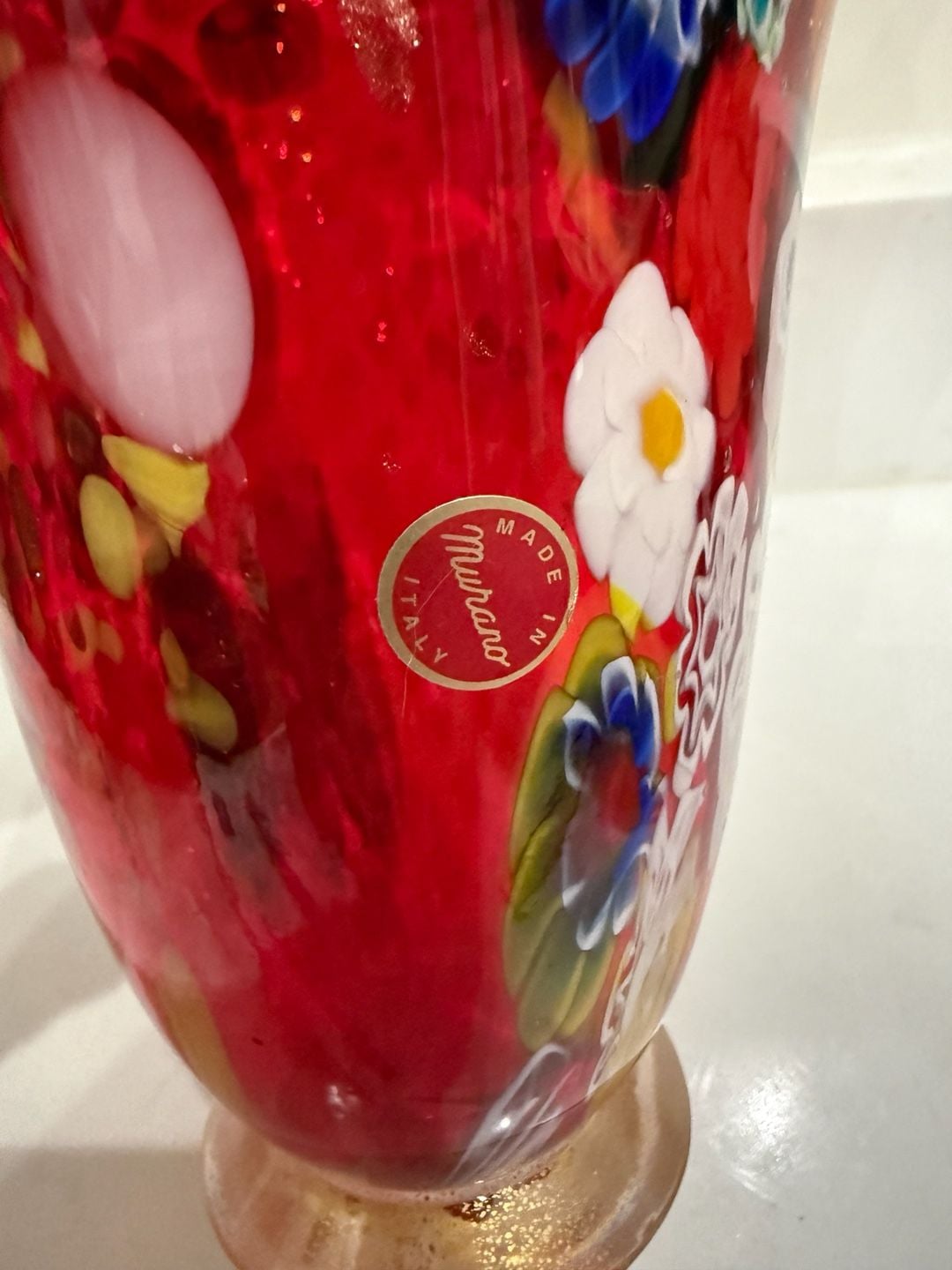 Vintage Murano Red Glass Millefiori Vase with Gold Gilt Base 3