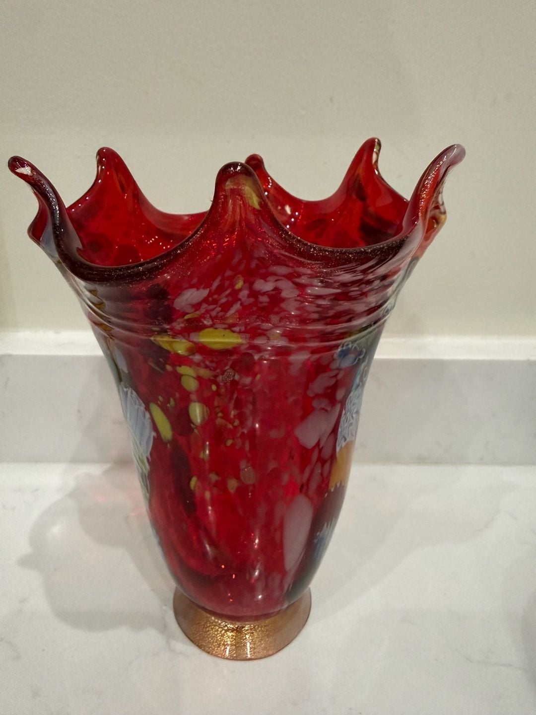 Vintage Murano Red Glass Millefiori Vase with Gold Gilt Base 6