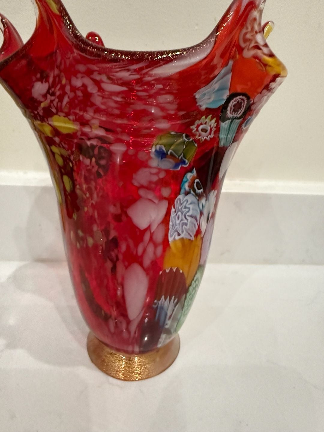 Vintage Murano Red Glass Millefiori Vase with Gold Gilt Base 7