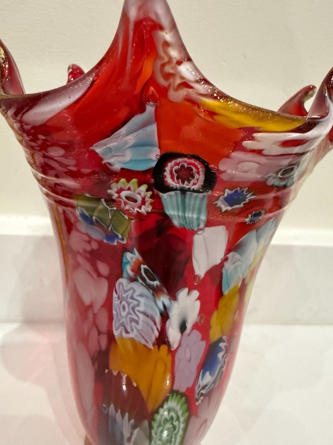 Vintage Murano Red Glass Millefiori Vase with Gold Gilt Base 8