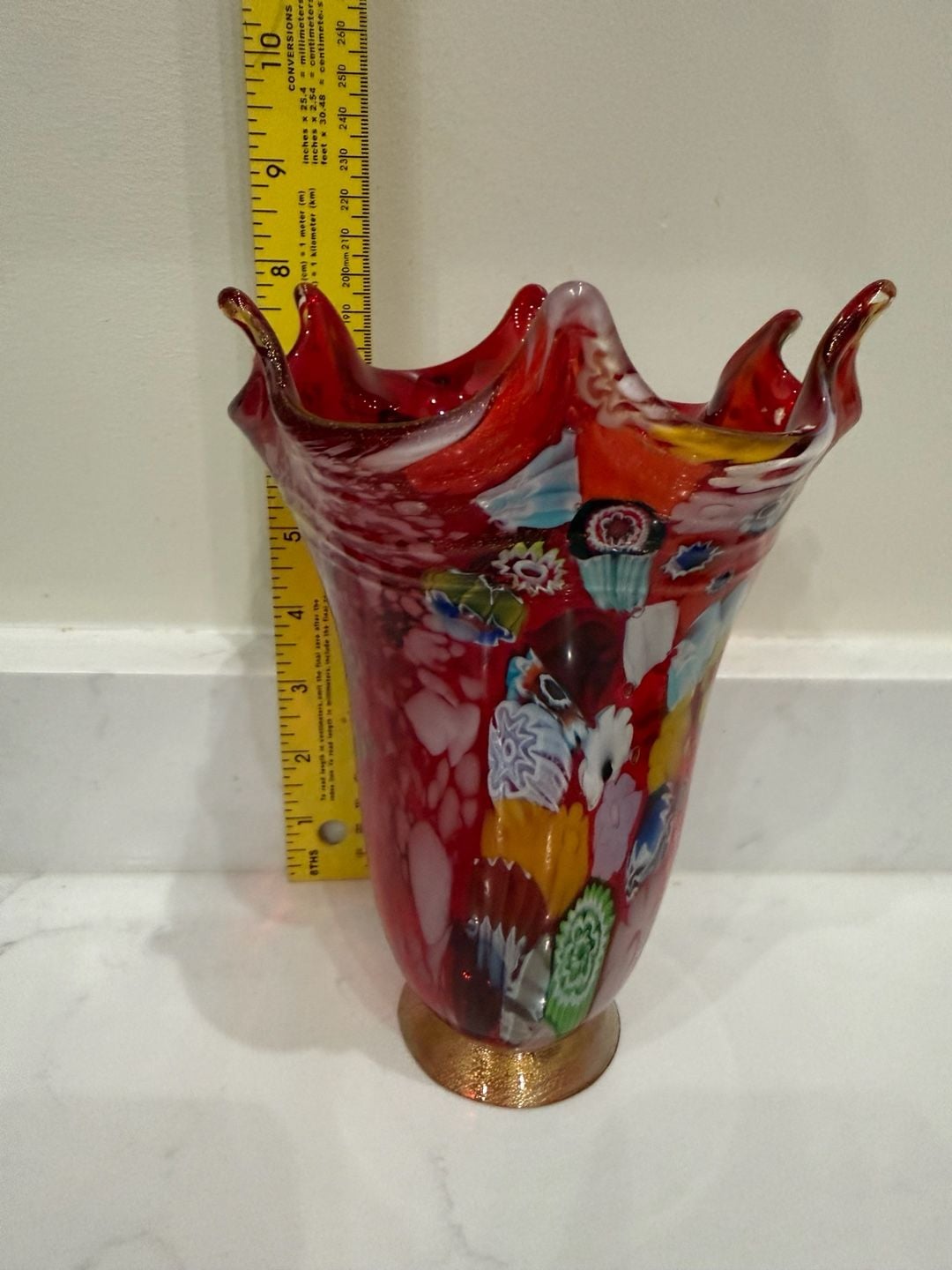 Vintage Murano Red Glass Millefiori Vase with Gold Gilt Base 10