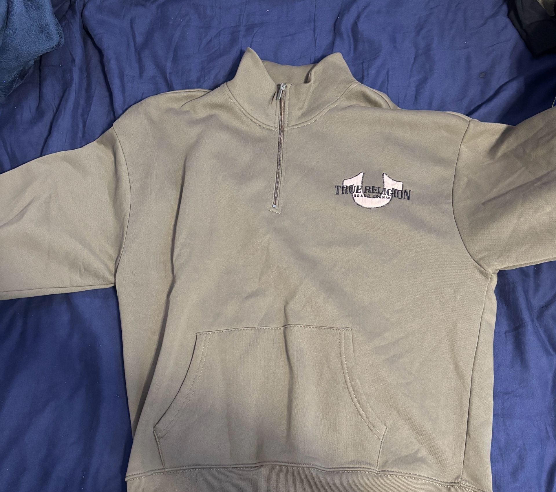 True Religion Brand Jeans Olive Green Quarter-Zip Pullover Sweatshirt 1
