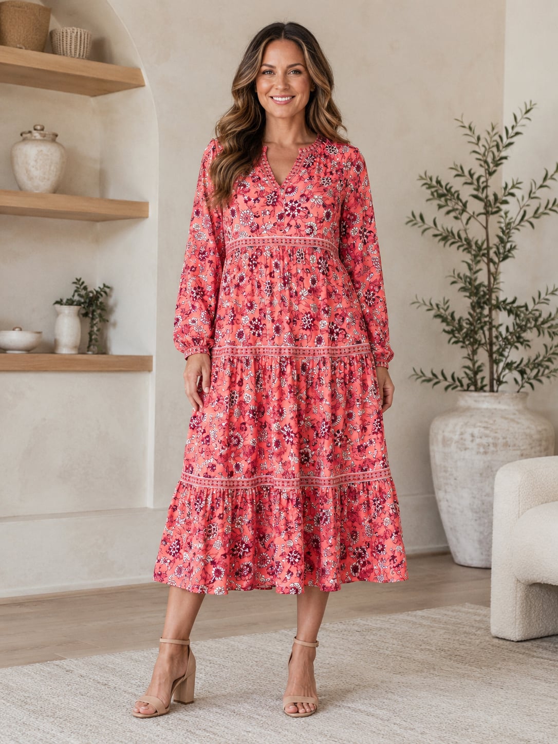 Old Navy Floral Tiered Midi Dress Small Pink Long Sleeve Boho V Neck Rayon 2