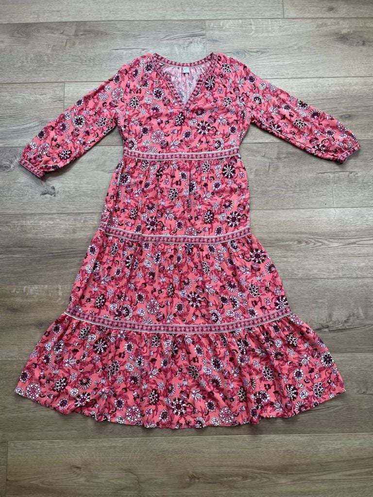 Old Navy Floral Tiered Midi Dress Small Pink Long Sleeve Boho V Neck Rayon 3