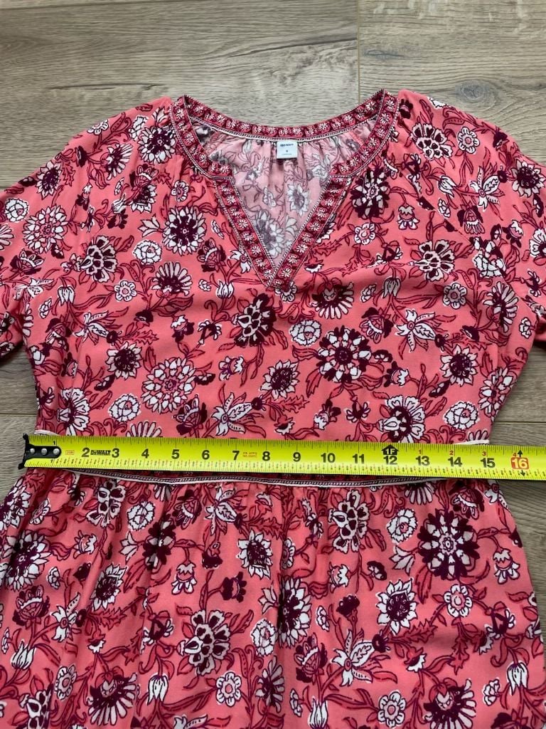 Old Navy Floral Tiered Midi Dress Small Pink Long Sleeve Boho V Neck Rayon 5