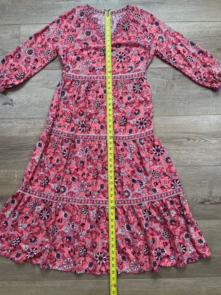 Old Navy Floral Tiered Midi Dress Small Pink Long Sleeve Boho V Neck Rayon 7