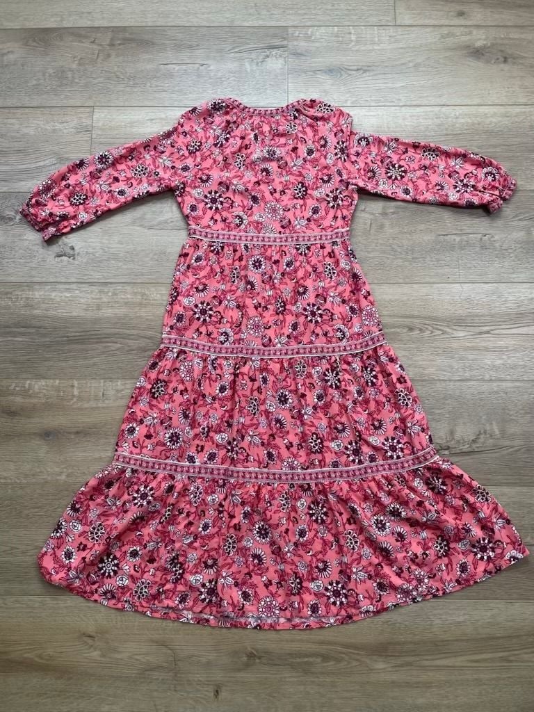 Old Navy Floral Tiered Midi Dress Small Pink Long Sleeve Boho V Neck Rayon 10