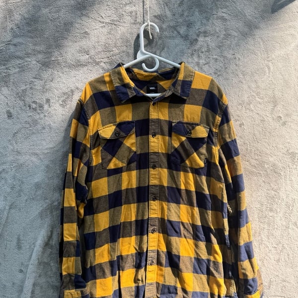 Vans Classic Fit Yellow and Navy Plaid Long Sleeve Flannel Shirt
