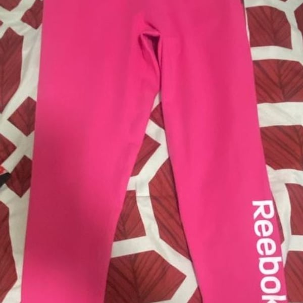 Reebok Girl's Fitted Stretch Athletic Leggings in Hot Pink with Logo Print