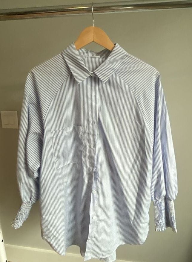 Asvivid Blue and White Striped Button-Down Shirt with Smocked Cuffs 1