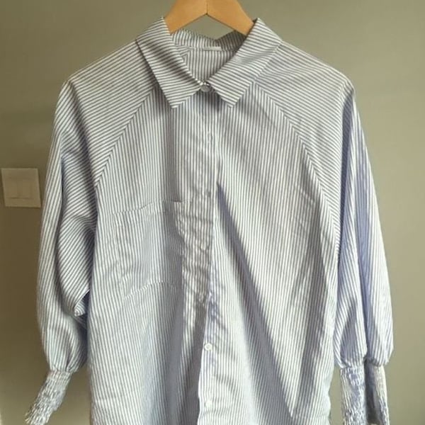 Asvivid Blue and White Striped Button-Down Shirt with Smocked Cuffs