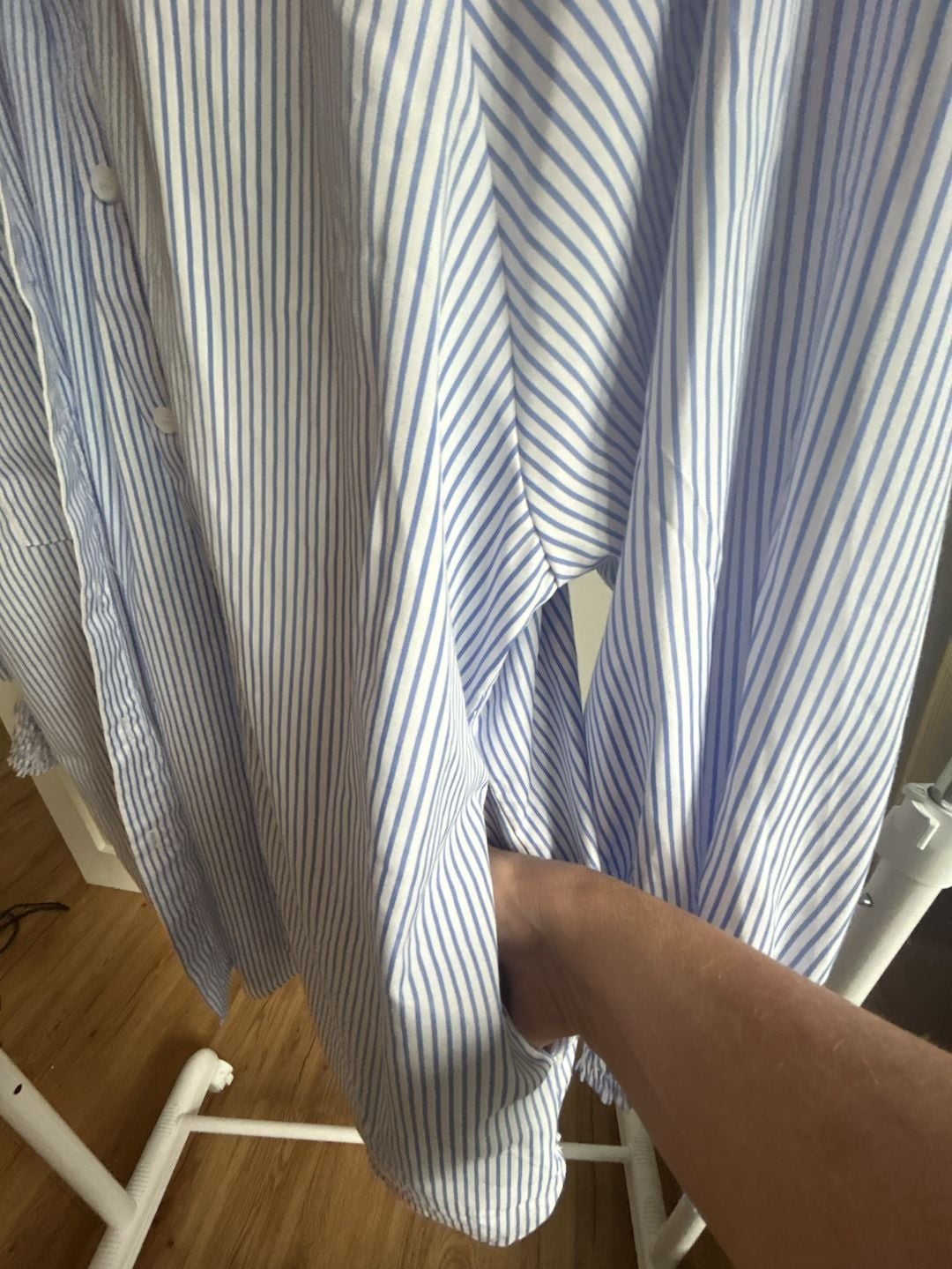 Asvivid Blue and White Striped Button-Down Shirt with Smocked Cuffs 4
