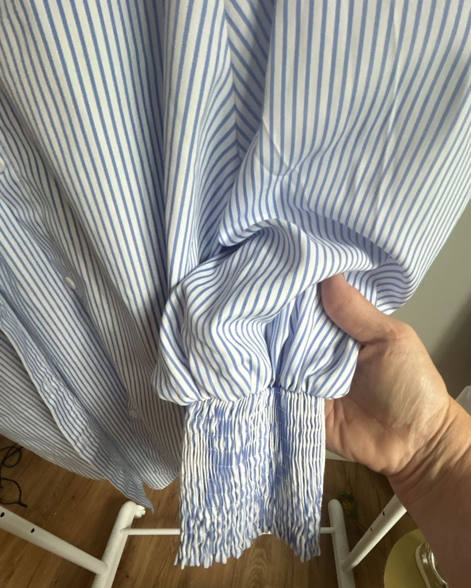 Asvivid Blue and White Striped Button-Down Shirt with Smocked Cuffs 5