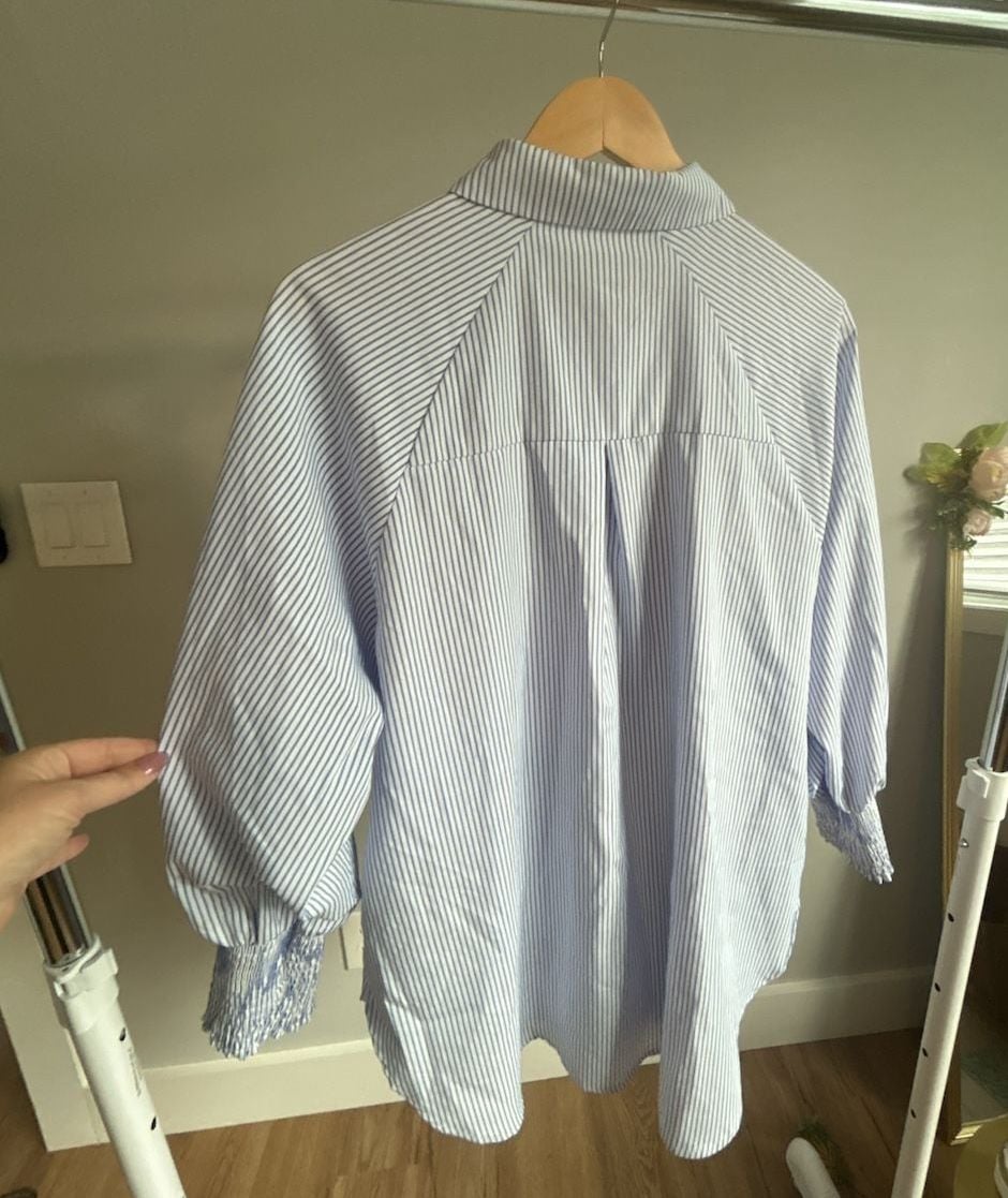 Asvivid Blue and White Striped Button-Down Shirt with Smocked Cuffs 6