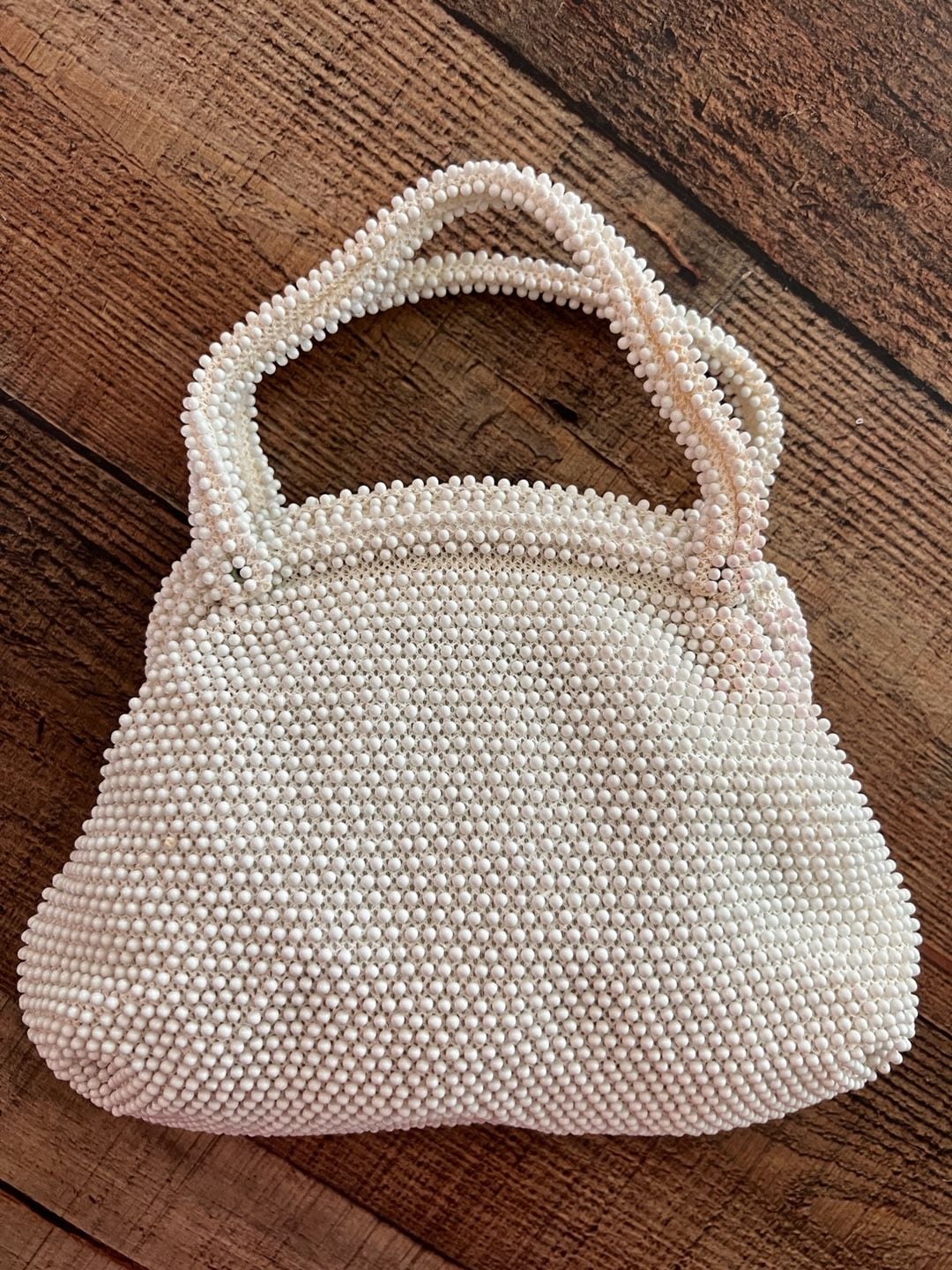 Vintage Lumured Corde Bead White Top Handle Handbag 1