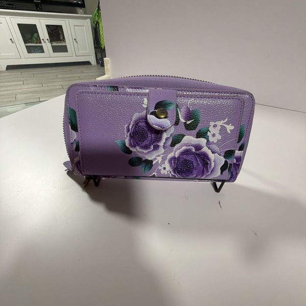 Floral Purple Detachable Magnetic 2-in-1 Wallet Phone Case with Zipper Pocket and Card Slots